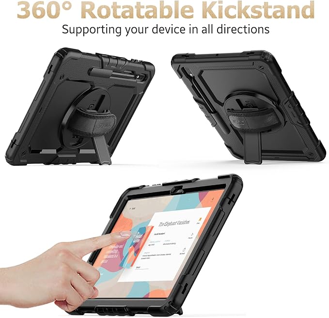 SEYMAC stock Case for Samsung Galaxy Tab S7 FE / S8 Plus 5G Case 12.4'' with Screen Protector Pencil Holder [360 Rotating Hand Strap] &Stand, Drop-Proof, Black