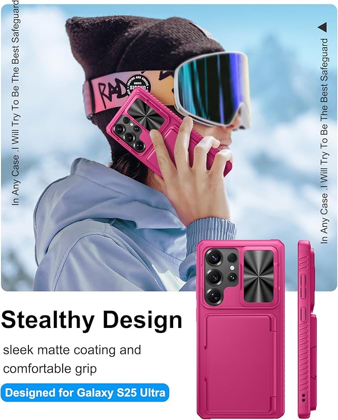 for Samsung Galaxy S25 Ultra Phone Case Wallet, Card Holder (4-5 Cards), RFID Block, Slide Lens Cover & Military Grade Drop Protection, Heavy Duty Men Women Case for Samsung S25 Ultra, Hot Pink
