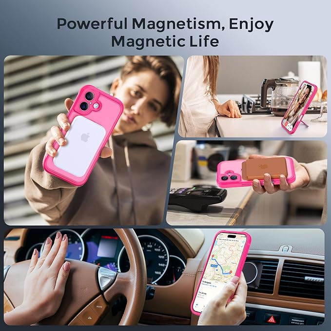 MOCCA Compatible with iPhone 17 Case with Magnetic Invisible Stand [Full Camera Protection] [Compatible with Magsafe] Military Drop Shockproof Translucent Matte Phone Case Cover 6.3",Hot Pink