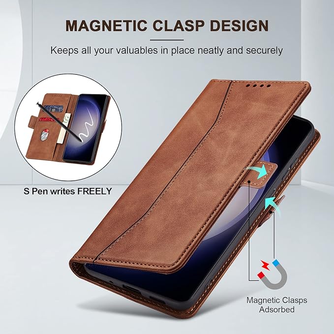 Jasonyu Flip Wallet Case for Samsung Galaxy S23 Ultra 5G,Leather Magnetic Folio Cover with Card Holder,Kickstand - TPU Shockproof Durable Protective Phone Case,Brown