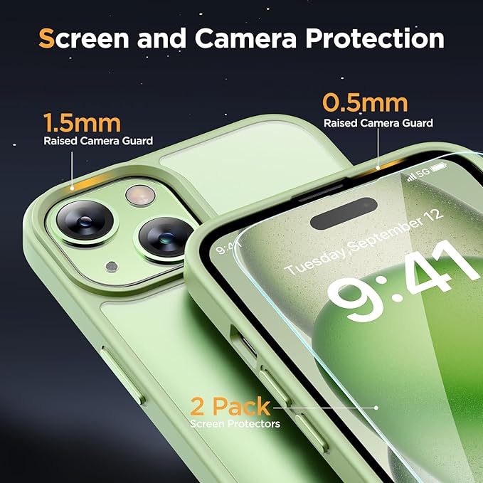 Miracase Magnetic for iPhone 15 Plus Case 6.7 inch (Compatible with MagSafe)（with 2X Screen Protectors） Military-Grade Protection, Anti-Fingerprint Translucent Matte Phone Cover, Light Green
