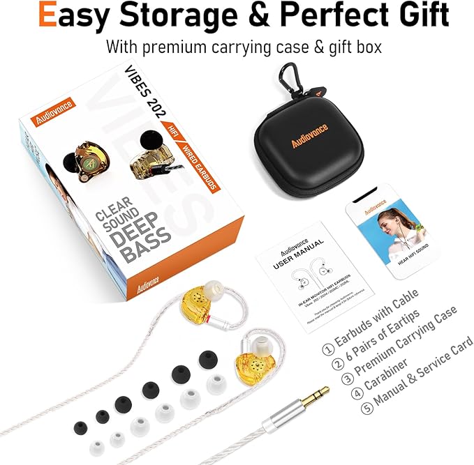 Vibes 202 Wired Earbuds - HiFi in Ear Monitor Headphones – Professional Noise-Isolating Ear Buds - Clear Sound, Deep Bass & Comfort-Fit IEM Earphones - MMCX to 3.5mm, Silver Plated Cord, Carrying Case