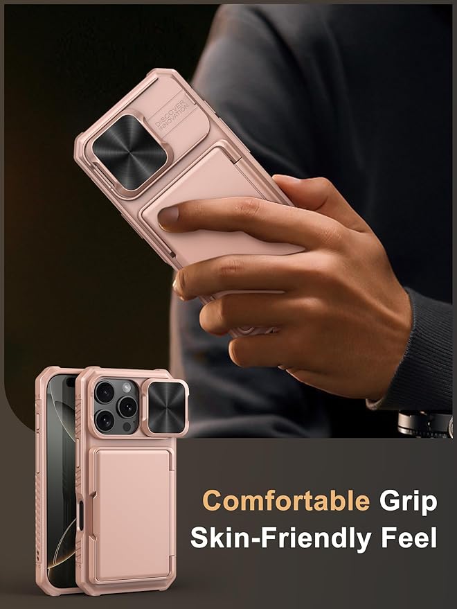 Vihibii for iPhone 16 Pro Case Wallet with Card Holder (4 Cards) [RFID Blocking] & Slide Camera Cover, Military Grade Drop Protection, Rugged Back & Silicone Edge Phone Cover, 6.3" 2024, Rose Gold