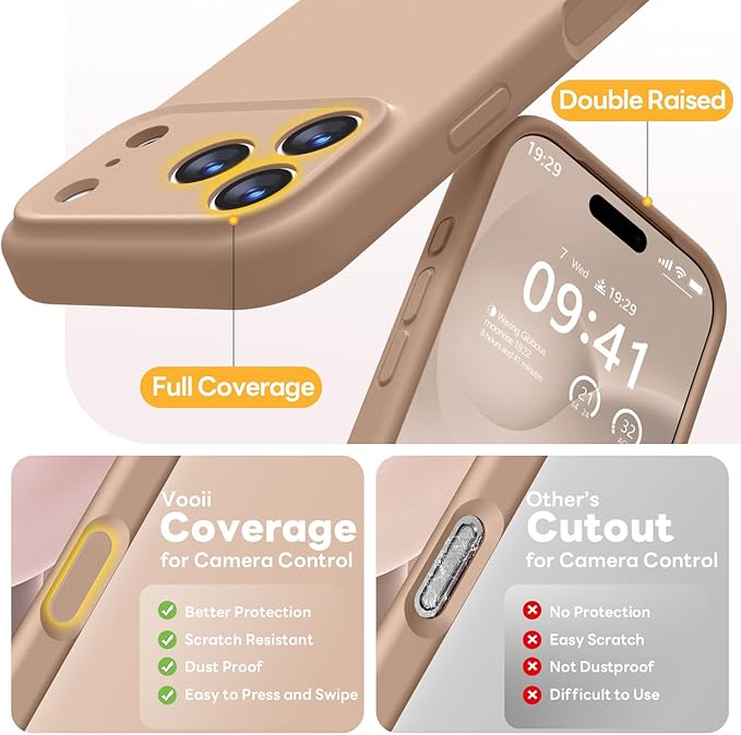 Vooii Magnetic Compatible with iPhone 17 Pro Case (Compatible with Magsafe) (Upgraded Camera Protection) Liquid Silicone Shockproof Full Body Protective Phone Cover for Women Men, Light Brown, 6.3”