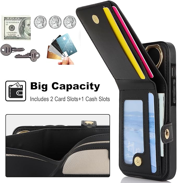Compatible iPhone 16 Pro Wallet Case with Card Holder RFID Blocking PU Leather Doubles as a Wallet Unisex Flip Shockproof Protection with Card Slots Ring Wrist Kickstand Function,Black