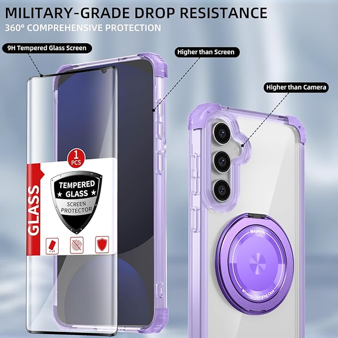 for Samsung Galaxy S24 FE Case Compatible with Magnetic Wireless Charging with 2 Screen Protectors, Galaxy S24 FE Case Built-in Kickstand Ring Military Grade Drop Protection Shockproof Purple