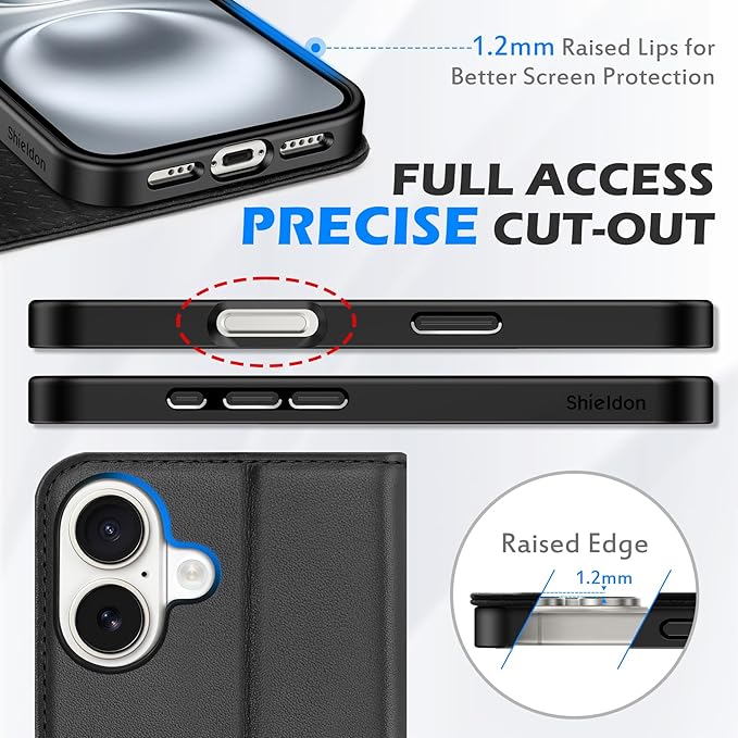 SHIELDON Wallet Case for iPhone 16 5G 2024, Genuine Leather RFID Blocking Credit Card Holder Folio Magnetic Kickstand Shock-Absorbent Protective Phone Case Compatible with iPhone 16 6.1" - Nappa Black