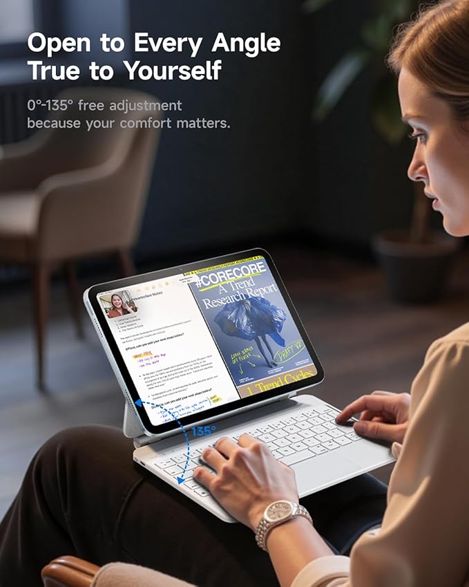 HOU Keyboard Case for iPad A16 11/10, Magnetic Magic-Stand, Floating Design, Durable Spindles, Multi-Touch Trackpad, 7 Colors Backlit, Stain Resistant PU, Bluetooth