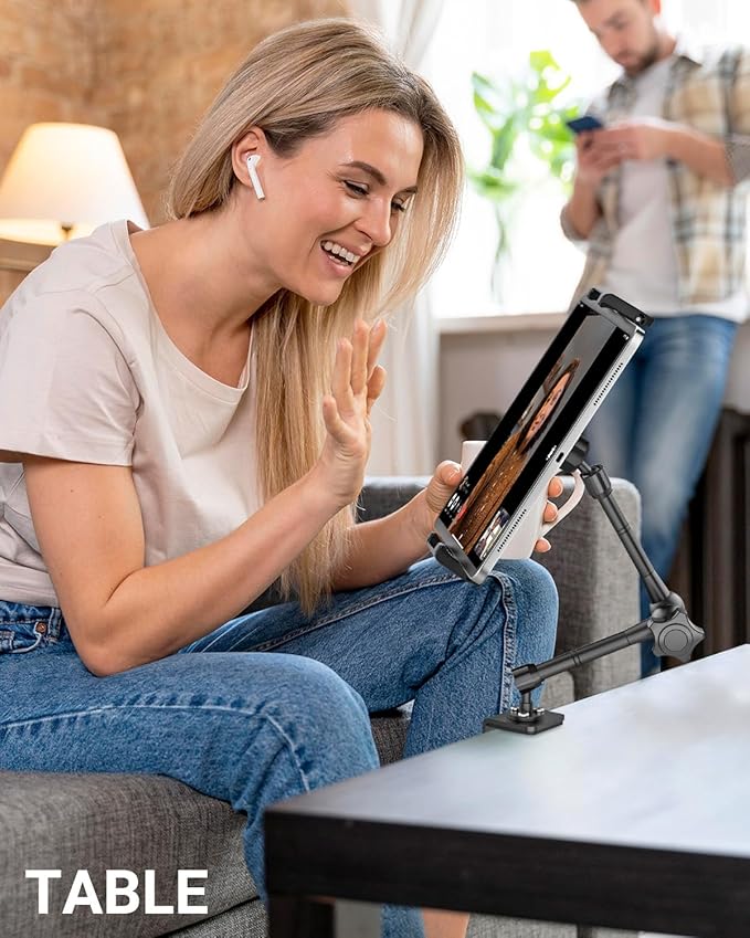 Metal Desk Tablet Mount, Fit for 6.1-15.6" Devices, Adjustable Phone Stand for Kitchen, Cabinet, Table, with 360° Foldable Rotation Aluminum Arm, Compatible with iPad Pro/Air/Mini, Galaxy Tab