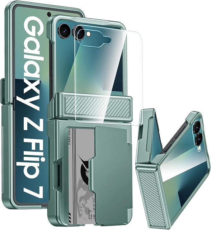 for Samsung Galaxy Z Flip 7 Case Wallet RFID Card Holder&Hinge Protection&HD Screen Protector, Full Body Shockproof Cover for Galaxy Z Flip 7(Mint Green)