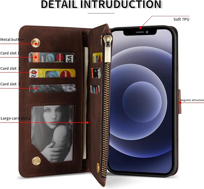 ZZXX iPhone 12 Pro Wallet Case with Card Slot, Premium Soft PU Leather Zipper Folio with Wrist Strap Kickstand Protective for iPhone 12 (Coffee 6.1 inch)