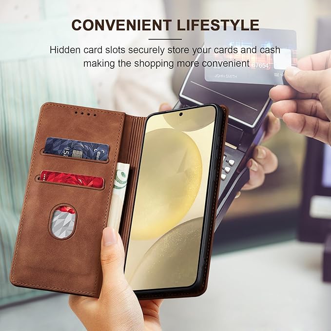 Jasonyu Flip Wallet Case for Samsung S24 5G,Leather Magnetic Folio Cover with Card Holder,Kickstand - TPU Shockproof Durable Protective Phone Case,Brown