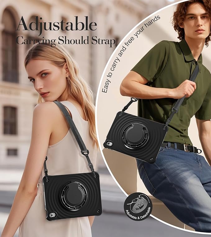 BRAECN Ripple Case for iPad (A16)11th/10th Generation 11/10.9 inch 2025/2022 Zinc Alloy Handle Ring Stand Protective Heavy Duty Screen Protector 360°Rotating 180°Folding Shoulder Strap Full-Body Cover