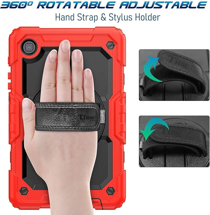 Timecity Case for Samsung Galaxy Tab A7 Lite 8.7'' 2021 (SM-T220/T225/T227), Full-Body Shockproof Protection Case with Screen Protector & 360 Rotating Stand Hand Strap - Red