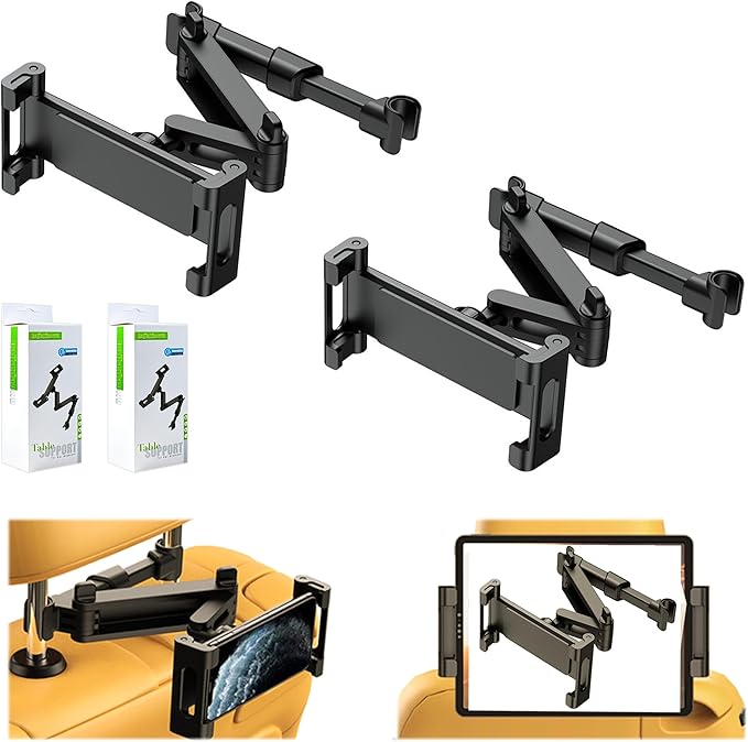 2026 Car Headrest Tablet Holder 2 Pack, (3 in 1 Extension Arm) Tablet Mount for Car Backseat, for Phone iPad Pro Air Mini Galaxy, 5.3-10.6", Fits Larger Tablets (If Short Side ≤10.6") - Black