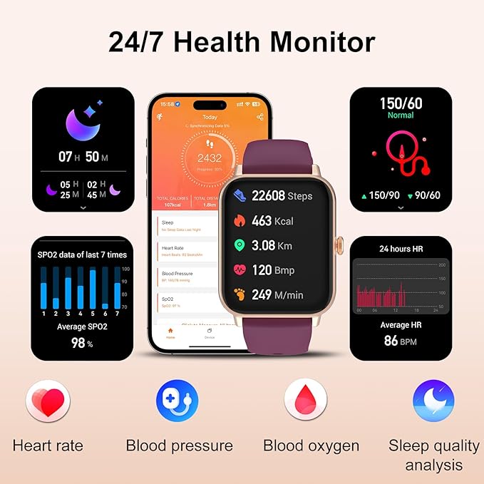 Smart Watches for Women, 1.85'' Smartwatch for Calls/SMS/Notifications, Android iOS Health Fitness Tracker Watch with Sleep/Heart Rate/SpO2/Blood Pressure Monitor, IP67 Waterproof,100+Sports