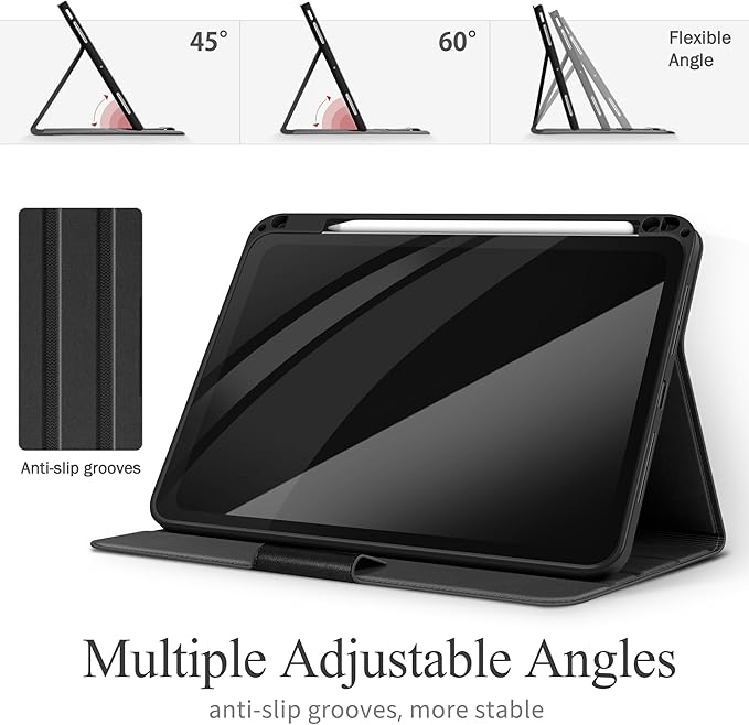 auaua Case for iPad Air 11 Inch M3/M2 (2025/2024), iPad Air 5th/4th Generation (2022/2020), with Pencil Holder and Pocket, Typing Angle Muti-Stand Magnetic Closure Auto Sleep/Wake (Black)
