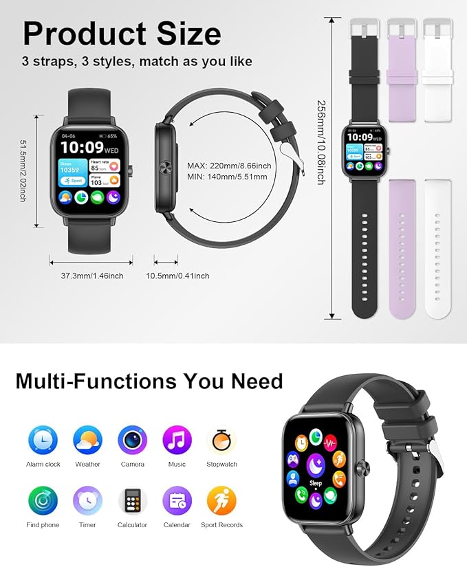 Smart Watch for Women with Bluetooth Call Answer/Dail,1.85" DIY Dial Fitness Watch with Heart Rate Sleep Monitor Step Counter 120+ Sports Modes Waterproof Women's Smart Watch for Android iOS (Black)