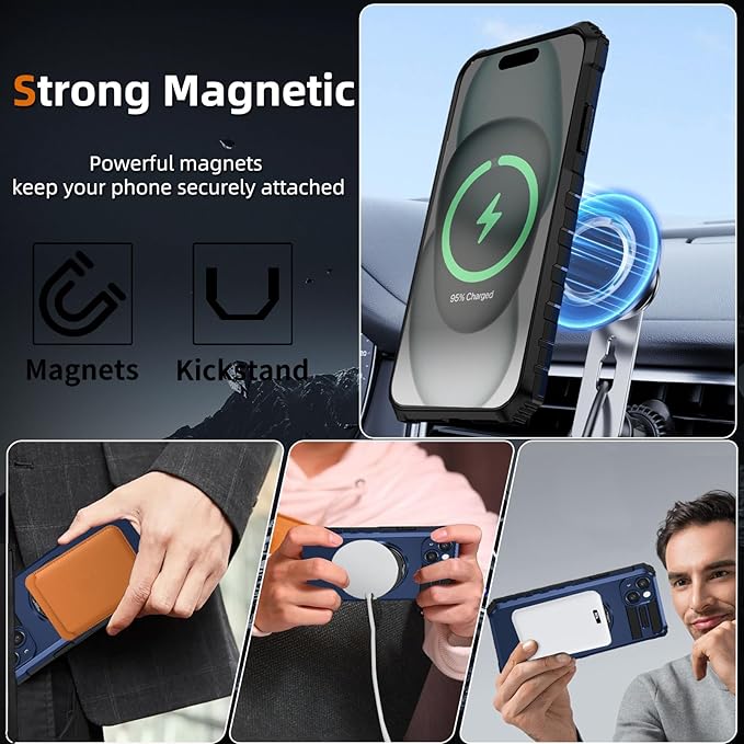 Magnetic for iPhone 15 Case Compatible with MagSafe Wireless Charging,15 Phone Case with 2 Screen Protectors,Built-in Kickstand Ring Military Grade Drop Shockproof Heavy Duty Protection Blue