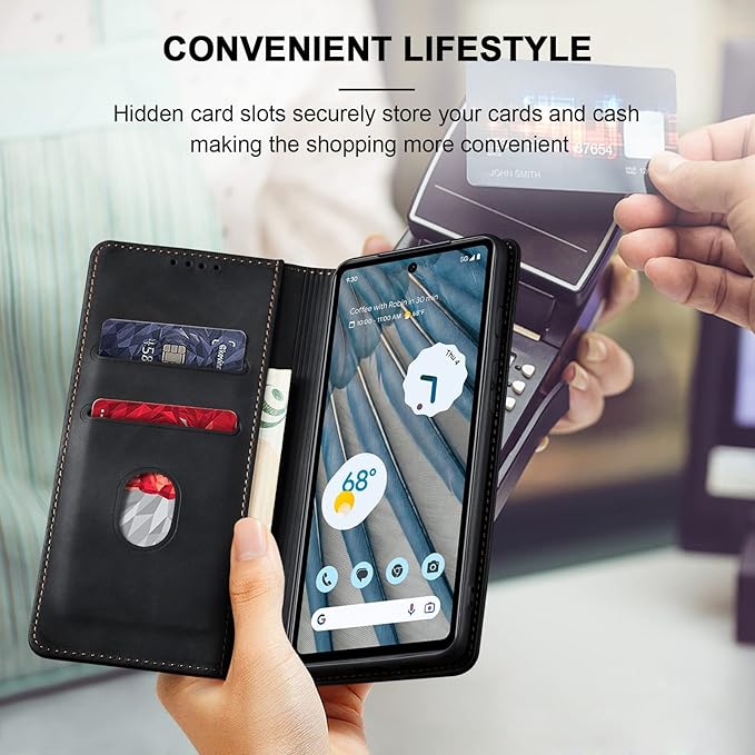 Jasonyu Flip Wallet Case for Google Pixel 7A,Leather Magnetic Folio Cover with Card Holder,Kickstand - TPU Shockproof Durable Protective Phone Case,Black