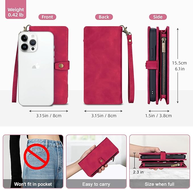 TwoHead for iPhone 13 Pro Wallet Case with Card Holder & Detachable Magnetic Phone Case, PU Leather Shockproof Protective Cover,Wrist Strap(6.1 in,Wine Red)