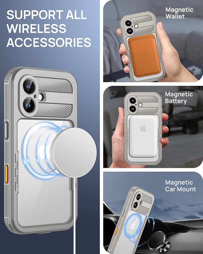 Lanhiem Magnetic for iPhone 16 Case, IP68 Waterproof Dustproof Case, [Compatible with Magsafe] [Built-in Screen Protector] Full Body Heavy Duty Rugged Phone Cover 6.1 inch, Natural