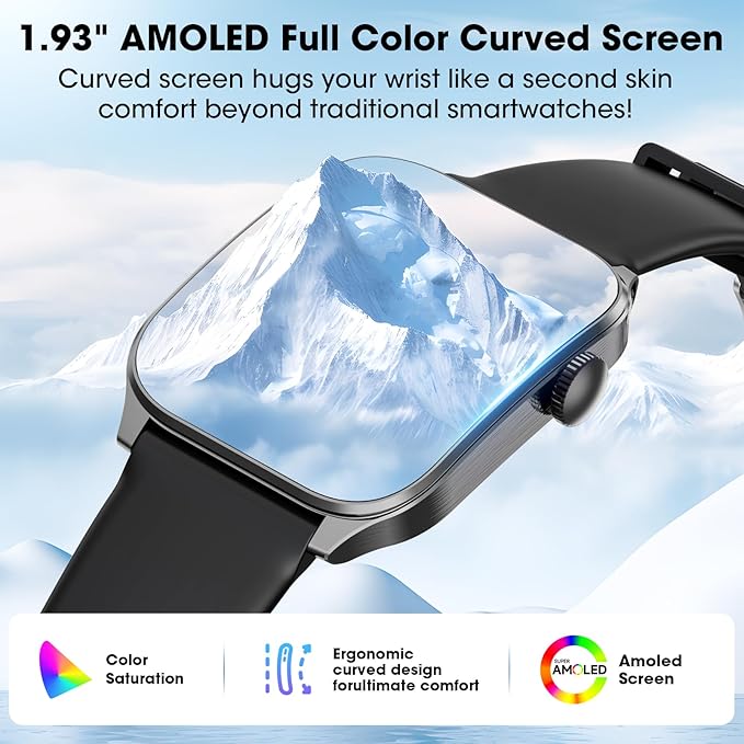 Curve Military Smart Watch for Men(Answer/Make Call), 1.93" AMOLED Smartwatch with Heart Rate/Sleep Monitor, 120+ Sports Modes Fitness tracker, IP68 Waterproof Fitness Watch for Android iOS (2 Straps)