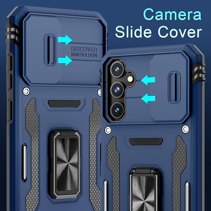 DEERLAMN Case for Samsung Galaxy S23 FE 6.4-Inch with Slide Camera Cover+Screen Protector(1 Pack),Rotated Ring Kickstand Military Grade Shockproof Protective Cover-Navy Blue