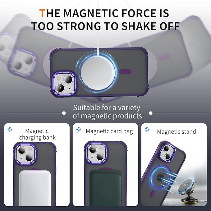Magnetic for iPhone 14 Case/iPhone 13 Case Purple with MagSafe Wireless Charging Military-Grade Shockproof Protection Adjustable Kickstand Slim Matte Anti-Fingerprint Cover Men Women