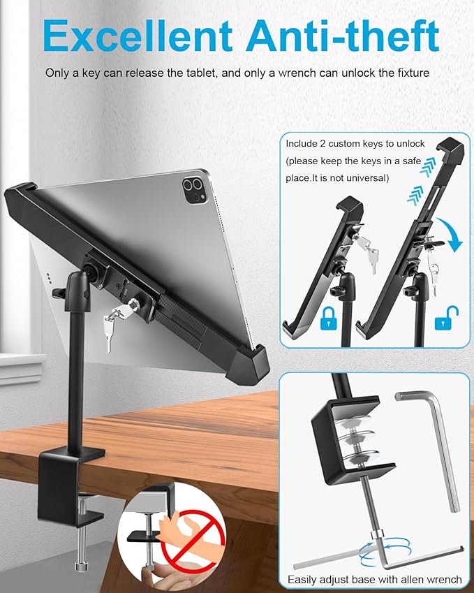 woleyi Anti Theft Desktop Tablet Kiosk Stand for 9-14" Tablet - 360° Swivel Tablets POS Stand Display Holder with Dual Security Lock and Key, Compatible iPad Pro 13/Air, Surface Pro/Go, Galaxy Tabs