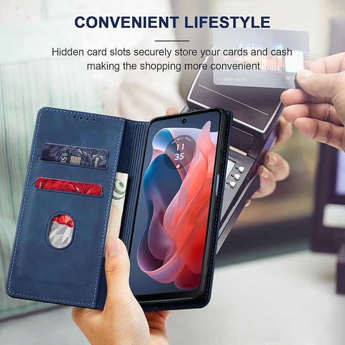 Jasonyu Flip Wallet Case for Moto G Play 4G (2024),Leather Magnetic Folio Cover with Card Holder,Kickstand - TPU Shockproof Durable Protective Phone Case,Blue