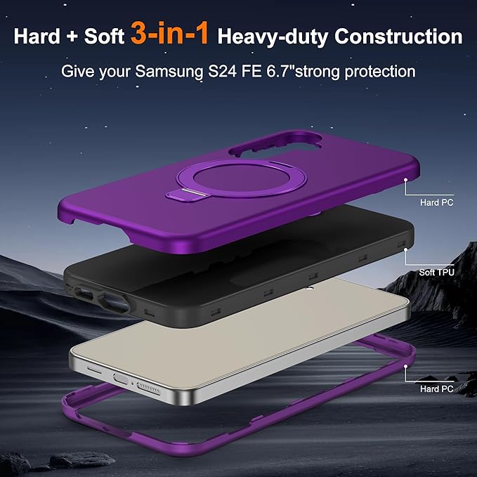 Designed for Samsung Galaxy S24 FE Case with Magnetic Ring Stand [Compatible with Mag-Safe][Military Grade Drop Protection][Build in Kickstand] Shockproof S24 FE Phone Case 6.7",Purple