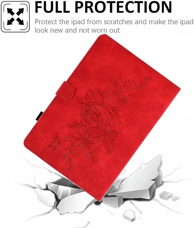 Case for Samsung Galaxy Tab A9+/A9 Plus 11 Inch 2024 2023 (SM-X210/X216/X218), PU Leather Cover Embossed Flower Multi-Angle Stand with Auto Wake/Sleep Case for Galaxy Tab 11 Inch,Red