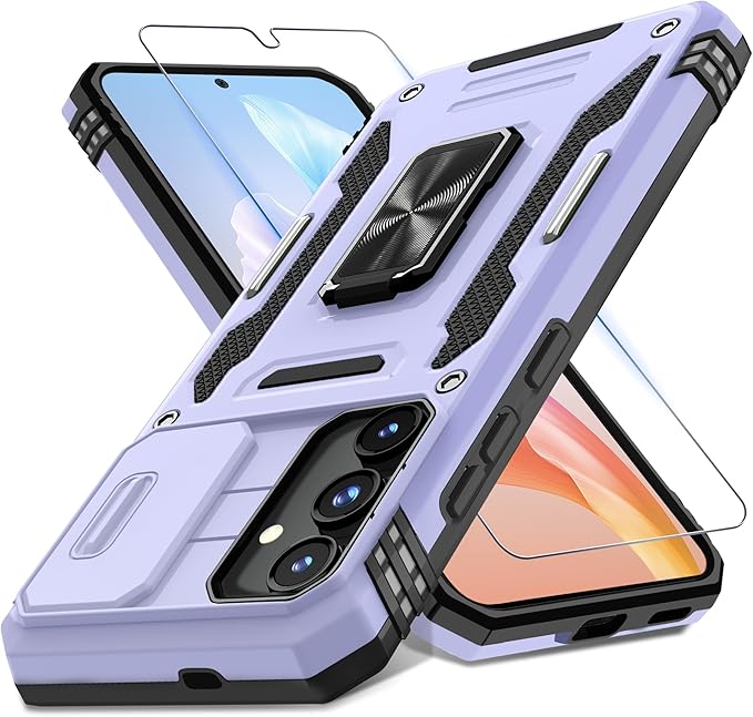 DEERLAMN Case for Samsung Galaxy S24+ Plus with Slide Camera Cover+Screen Protector (1 Pack), Rotated Ring Kickstand Military Grade Shockproof Protective Cover-Light Purple