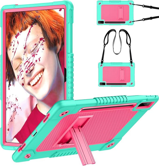 for Lenovo Tab P12 12.7 inch 2023，for Lenovo Tab P12 Heavy Duty Cover with Kickstand Shoulder Strap Pen Holder Kids Friendly Shell Case for Lenovo Tab P12/Xiaoxin Pad Pro 12.7" (Green Pink)