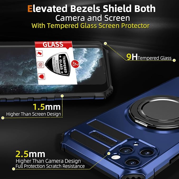 for iPhone 11 Pro Max Case Magnetic Compatible with MagSafe,with 2 Screen Protector,Built-in Camera Cover+Kickstand Ring,Military Grade Drop Shockproof Heavy Duty Protection Phone Bumper Blue