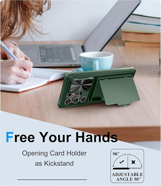 for Samsung Galaxy S23 Ultra Case with Card Holder (Store 4-5 Cards) & Kickstand & Slide Lens Cover, Military Grade Drop Protection, Rugged Silicone Wallet Case for Samsung S23 Ultra, Green