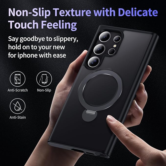 for Samsung Galaxy S23 Ultra Case,Compatible with Magsafe [Wireless Charging],with 360°Rotatable Magnetic Ring Stand Matte Translucent Slim Soft Edge Phone Kickstand,Black