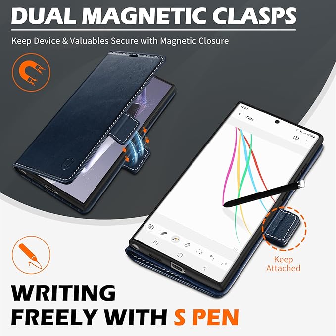 SHIELDON Case for Galaxy S25 Ultra 6.9", Genuine Leather Wallet Flip Book RFID Blocking Card Holder Kickstand Shock Absorbing Protective Case Compatible with Galaxy S25 Ultra - Retro Dark Blue