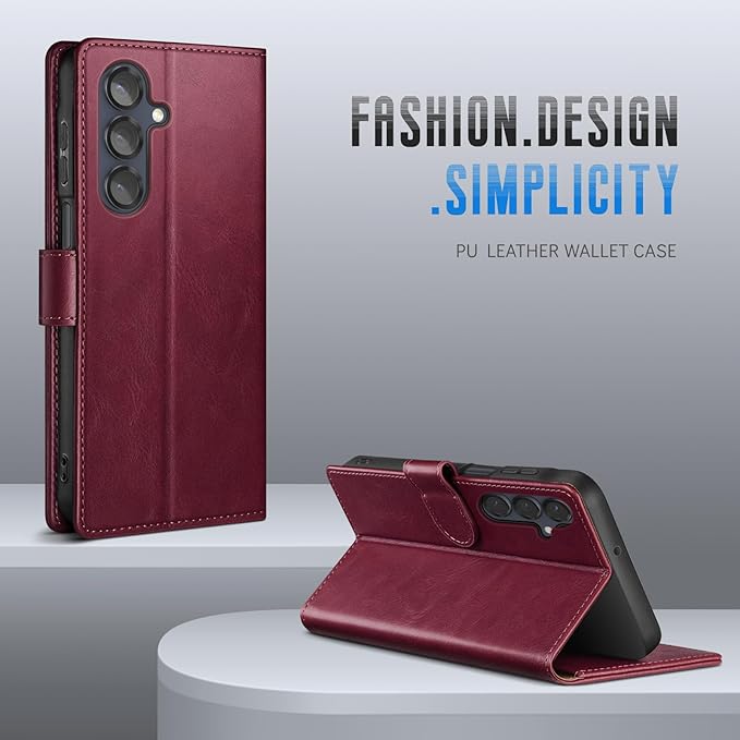 Wallet Case for Samsung Galaxy S25 5G Magnetic Flip Leather Folio Cover with RFID-Blocking Credit Card Holder, Women Men Protective Phone Case Compatible with Samsung S25, Wine Red