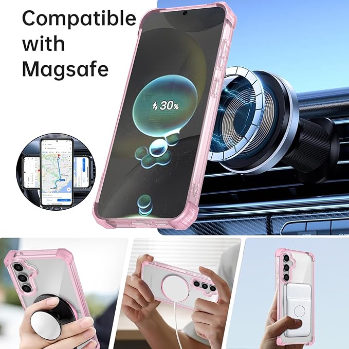 for Samsung Galaxy S24 Plus Case Compatible Wireless Charging Magnetic,with Screen Protector,for S24+Plus Phone Case with 360°Stand Ring Military Grade Shockproof Heavy Duty Protection Pink