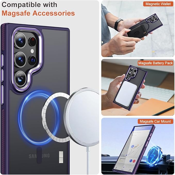 for Samsung Galaxy S24 Ultra Case, Magnetic Phone Case Compatible with Magsafe, Metal Camera Bezel Drop Protection Silky Translucent Back Cover for Galaxy S24 Ultra 5G (Dark Purple)