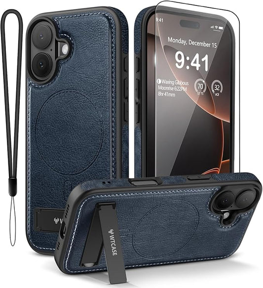Magnetic for iPhone 17 Leather Case,Built-in Invisible Stand [Compatible with Magsafe] Protective Slim Kickstand Phone Cover for iPhone 17 Case, Blue