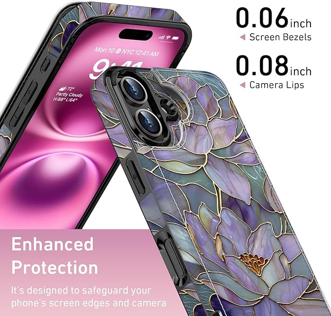 FUNMIKO for iPhone 16 Plus Wallet Case with Card Holder, RFID-Blocking, Military-Grade Protection & UV-Printed Artwork, Magnetic Closure with Leather Kickstand - Dreamy Lotus