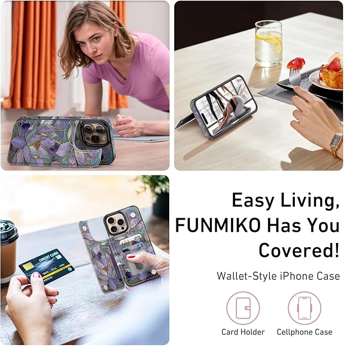 FUNMIKO for iPhone 16 Pro Wallet Case with Card Holder, RFID-Blocking, Military-Grade Protection & UV-Printed Artwork, Magnetic Closure with Leather Kickstand - Dreamy Lotus