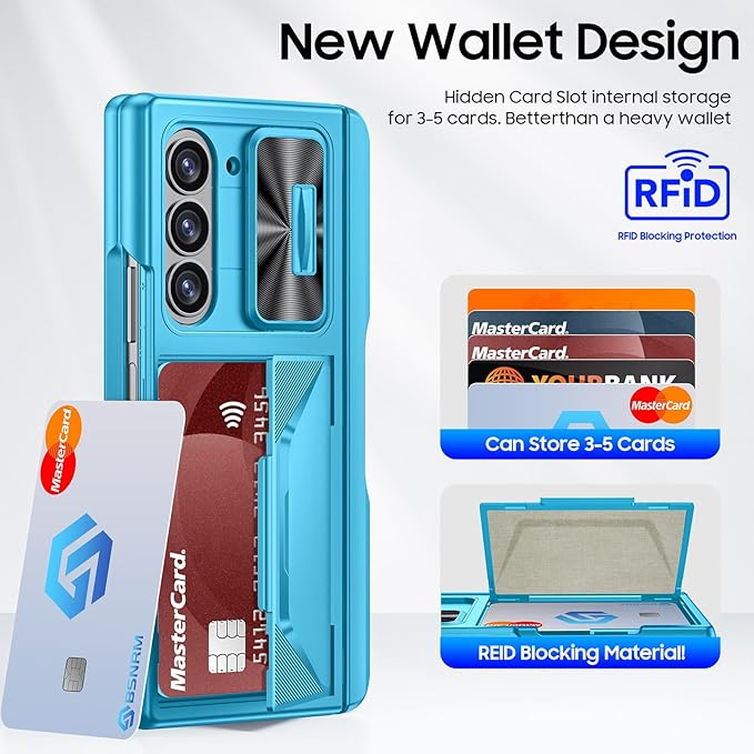 for Samsung Galaxy Z Fold 6 Case with Card Holder RFID Blocking & S Pen Holder& Slide Camera Cover& Hinge Protection& Full-Body Rugged Shockproof Wallet Case for Galaxy Z fold 6,Lake Blue