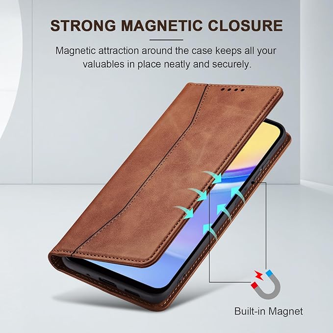 Jasonyu Flip Wallet Case for Samsung Galaxy A15 5G,Leather Magnetic Folio Cover with Card Holder,Kickstand - TPU Shockproof Durable Protective Phone Case,Brown
