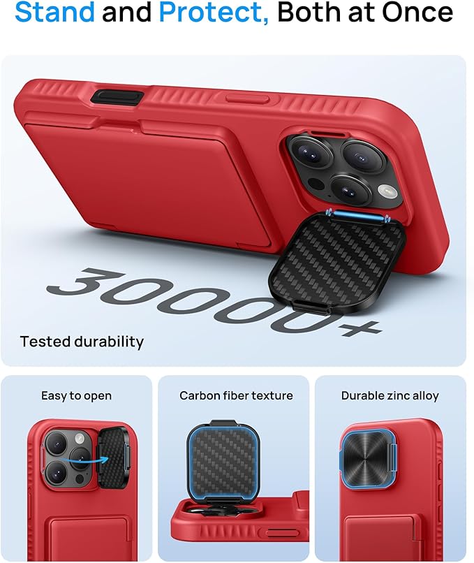 Kickstand Designed for iPhone 16 Pro Max Case with Card Holder & Camera Cover Stand, Military Grade Protection Adjustable Stand Wallet Phone Case for iPhone 16 Pro Max 6.9", Red
