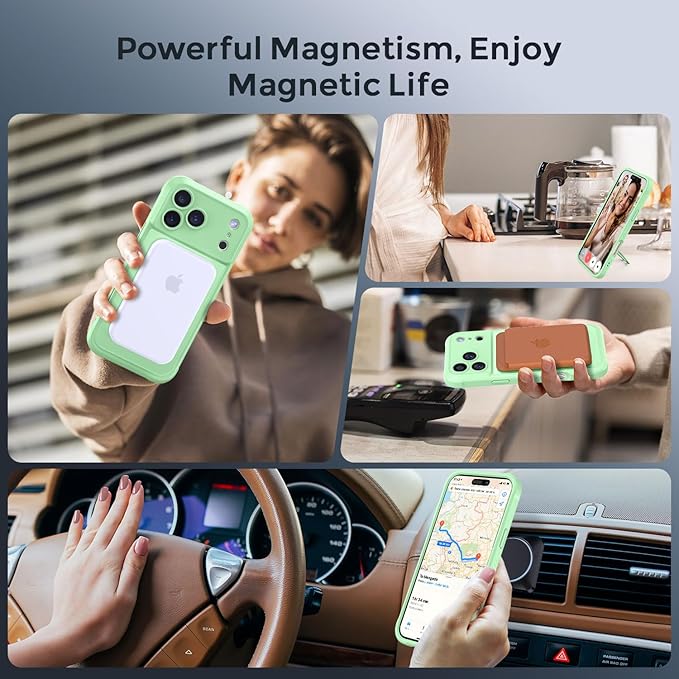 MOCCA Compatible with iPhone 17 Pro Max Case with Magnetic Invisible Stand [Full Camera Protection] [Compatible with Magsafe] Military Drop Shockproof Translucent Matte Phone Case Cover,Matcha Green