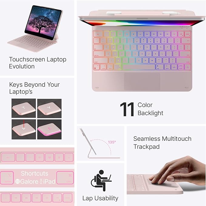 typecase Keyboard Case for iPad Air 13(M3 2025 / M2 2024) and iPad Pro 12.9（6th/5th//4th/3rd Gen,Magic Keyboard with 11-Colors Backlight,Built-in Trackpad,Pencil Holder,Light & Thin,Peach Pink
